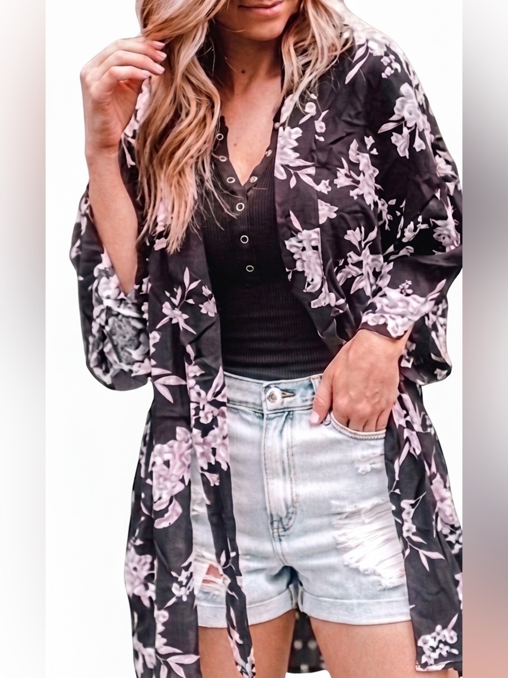 Black White Floral Kimono Spiritual Gangster Maya Beach Coverup One Size Rayon